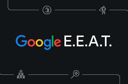 Google E-E-A-T graphic highlighting Experience, Expertise, Authoritativeness, and Trustworthiness in SEO. Dark background with minimalist icons representing trust, credibility, and search quality signals.
