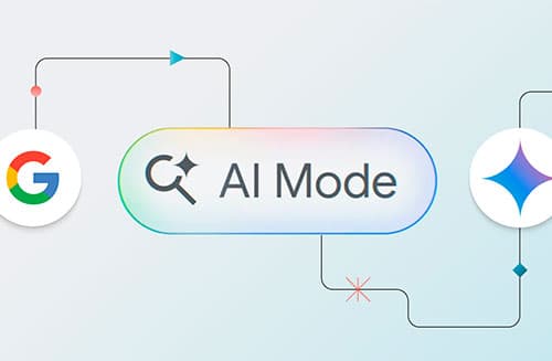 AI Mode button between Google logo and a star-shaped AI icon, connected by curved lines