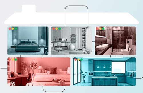 Illustration of modular website templates represented by rooms in a house—bedroom, office, bathroom, living room, and kitchen—emphasizing flexible, on-brand design across site sections.